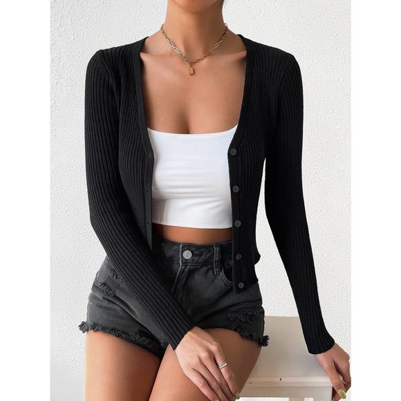 minimalist Ribbed Knit Button down Cropped Cardigan sweater - Picture 8 of 12